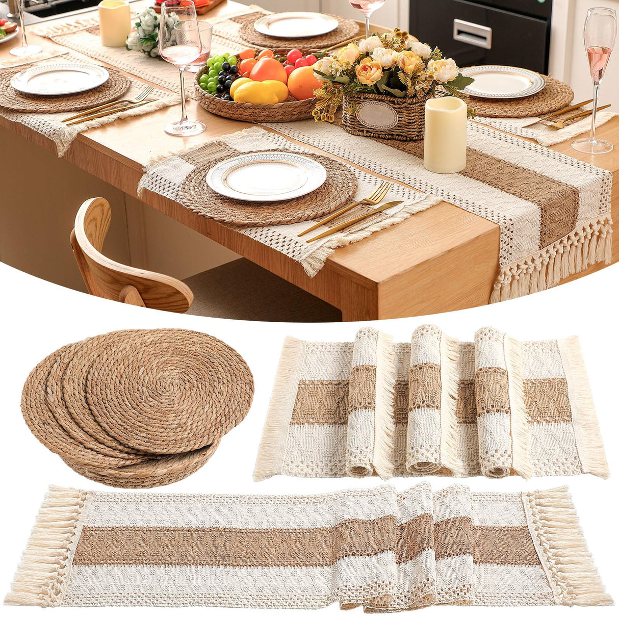 Gandeer Boho Placemats 4/6 Set of Round Woven Placemats Macrame Style Bicolor Stitching Long Table Runner Farmhouse Rustic Natural Burlap Cotton for Kitchen Dining Table Home(Brown,4 Sets) Gandeer