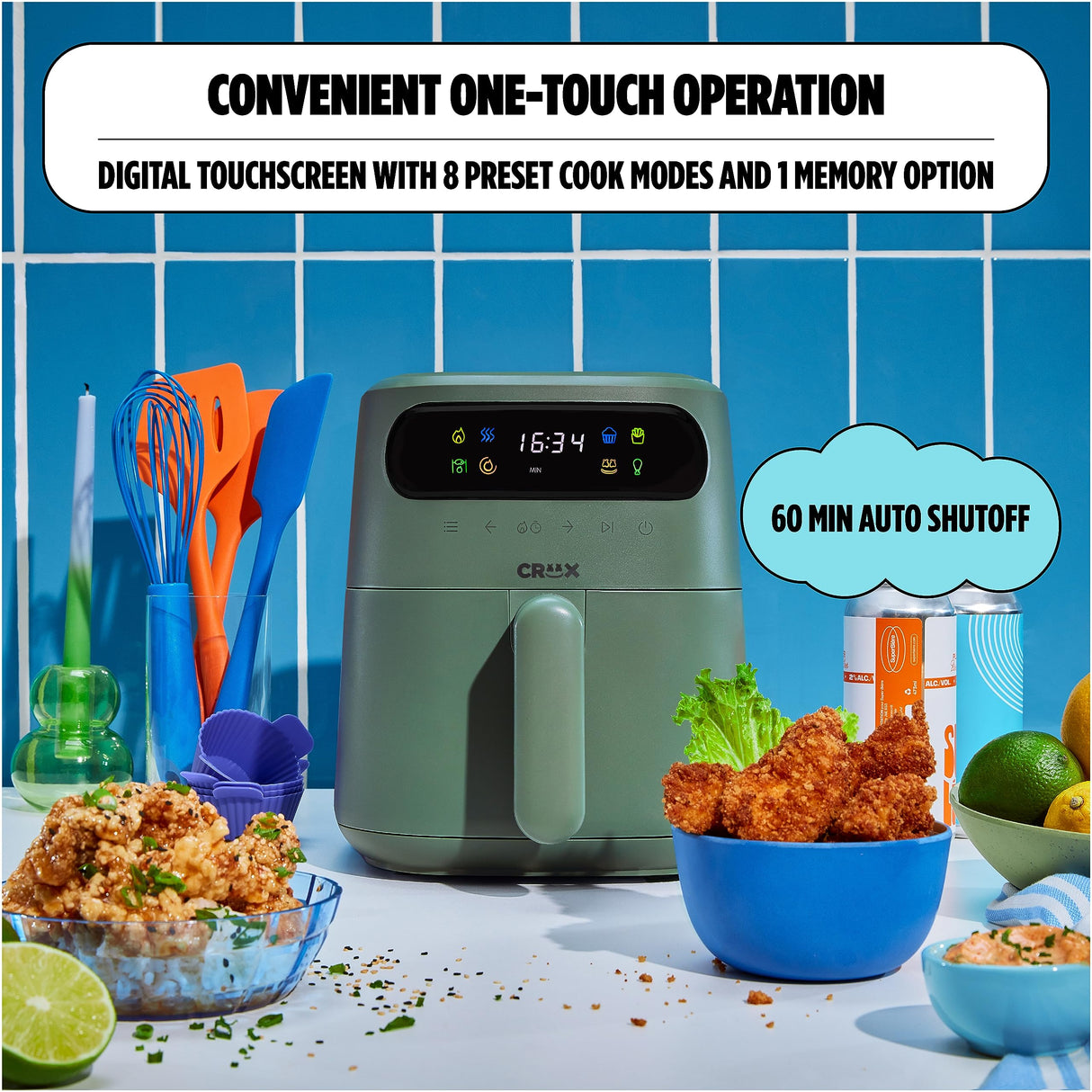 CRUX x Marshmello 3.0 QT Digital Air Fryer with TurboCrisp Technology, Touch Screen Temperature Control, Timer and Auto Shut-off, Fully Programmable, Silicone Cupcake Molds Included, Olive Crux