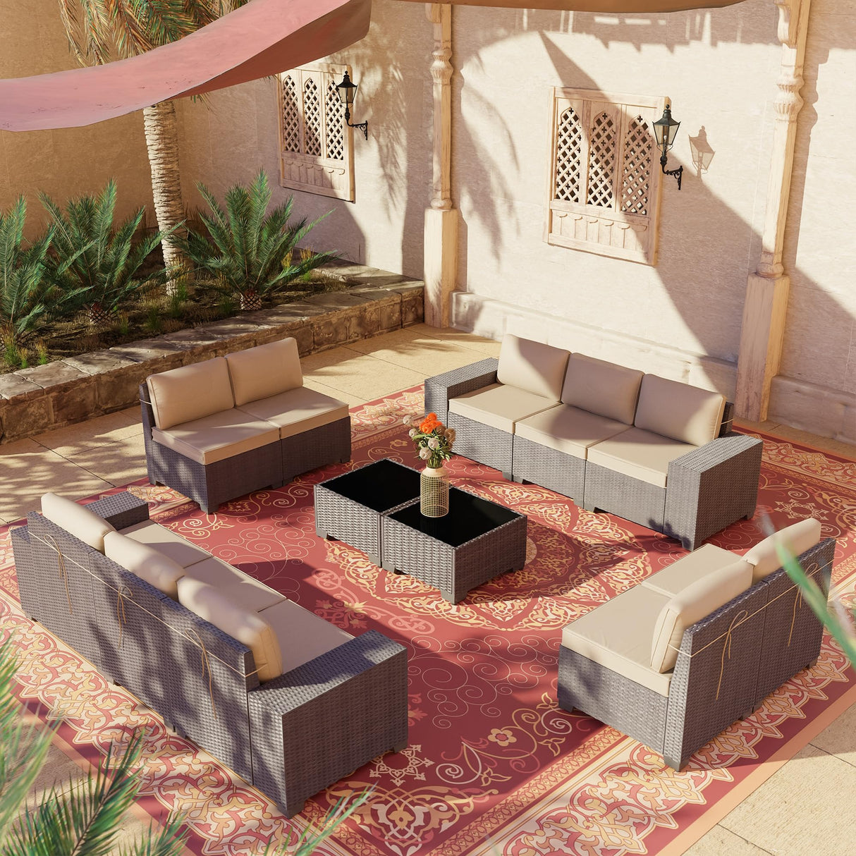 RTDTD Outdoor Patio Furniture Set, 12 Pieces Outdoor Furniture All Weather Patio Sectional Sofa PE Wicker Modular Conversation Sets with Coffee Table,10 Chairs & Seat ClipsBrown. RTDTD