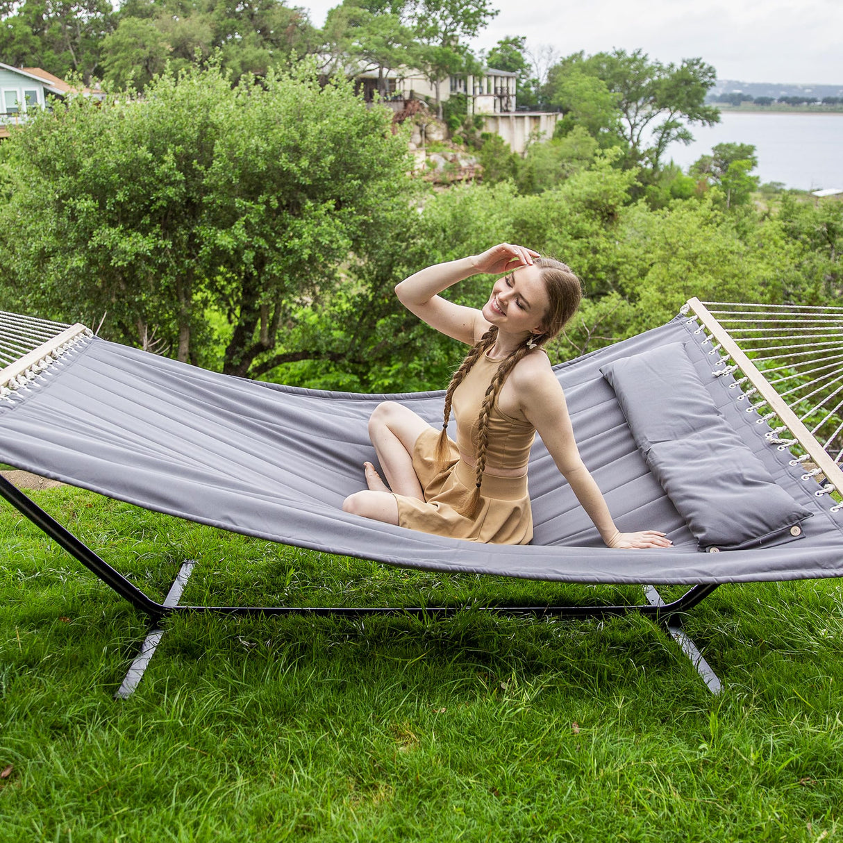 SUNCREAT 2 Person Hammock with Stand, Heavy Duty Portable Hammocks, 475 lbs Capacity, Dark Grey SUNCREAT