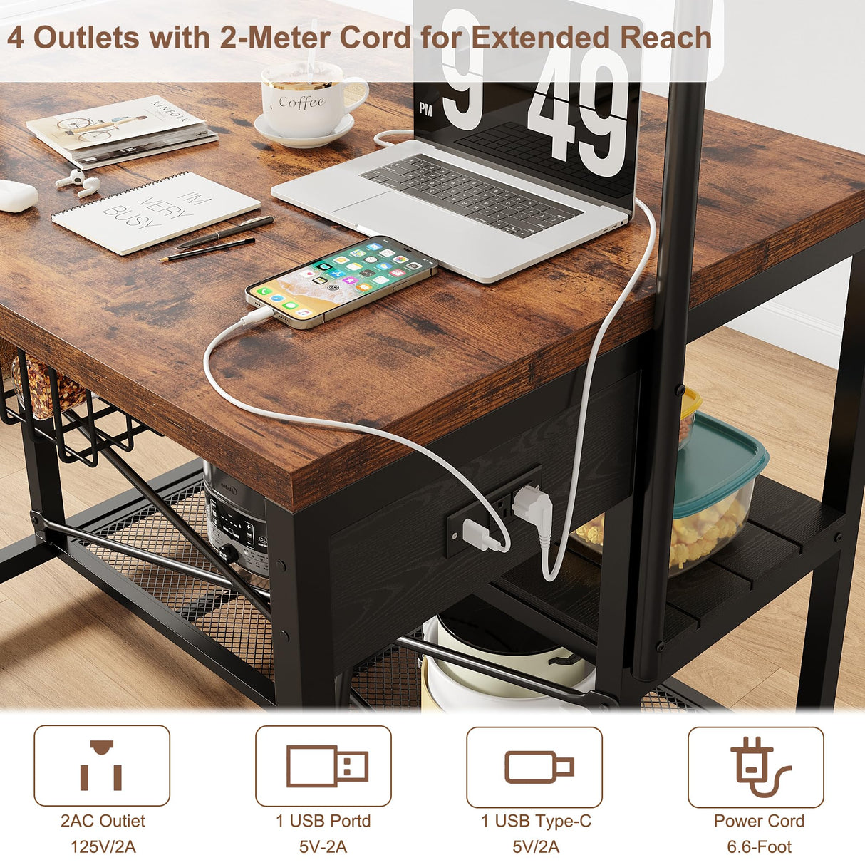 Jocoevol Kitchen Island with Storage, Bakers Rack with Power Outlet, Island Table for Kitchen, Bakers Rack with Storage, Large Kitchen Island Table, Coffee Bar Table with Shelf,5 Racks, Rustic Brown Jocoevol