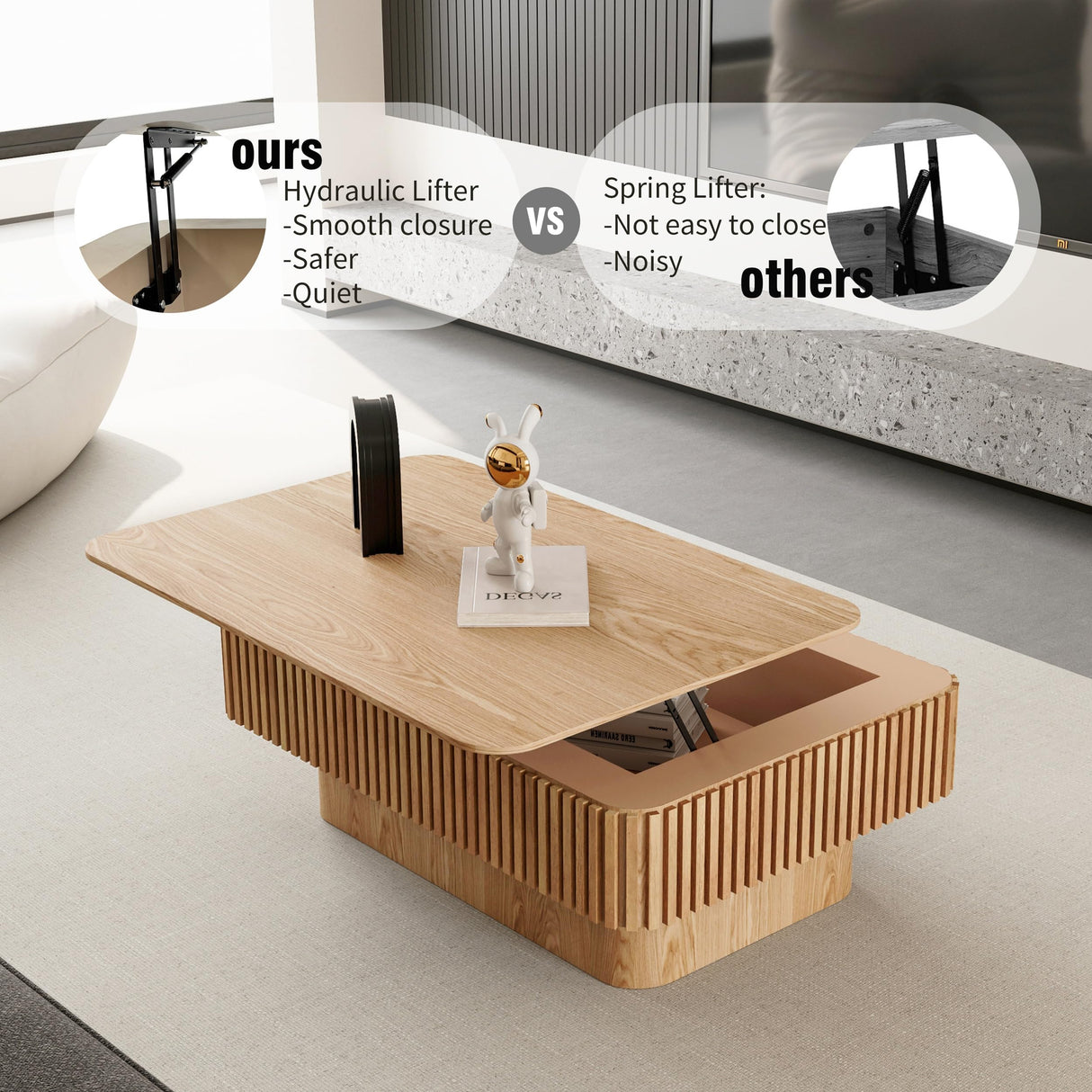 38.6" Square Lift Top Coffee Table, Modern Fluted Tea Table with Hidden Storage for Living Room, Apartment or Office, Natural Wood KIGFTSOD