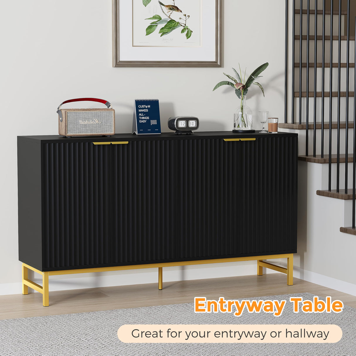 Luoxiao Fluted Sideboard Buffet 55" Console Table for Entryway Modern Credenza Accent Cabinet with Adjustable Shelves Coffee Bar Cabinet for Living Room, Kitchen, Dining Room,Hallway Black Luoxiao