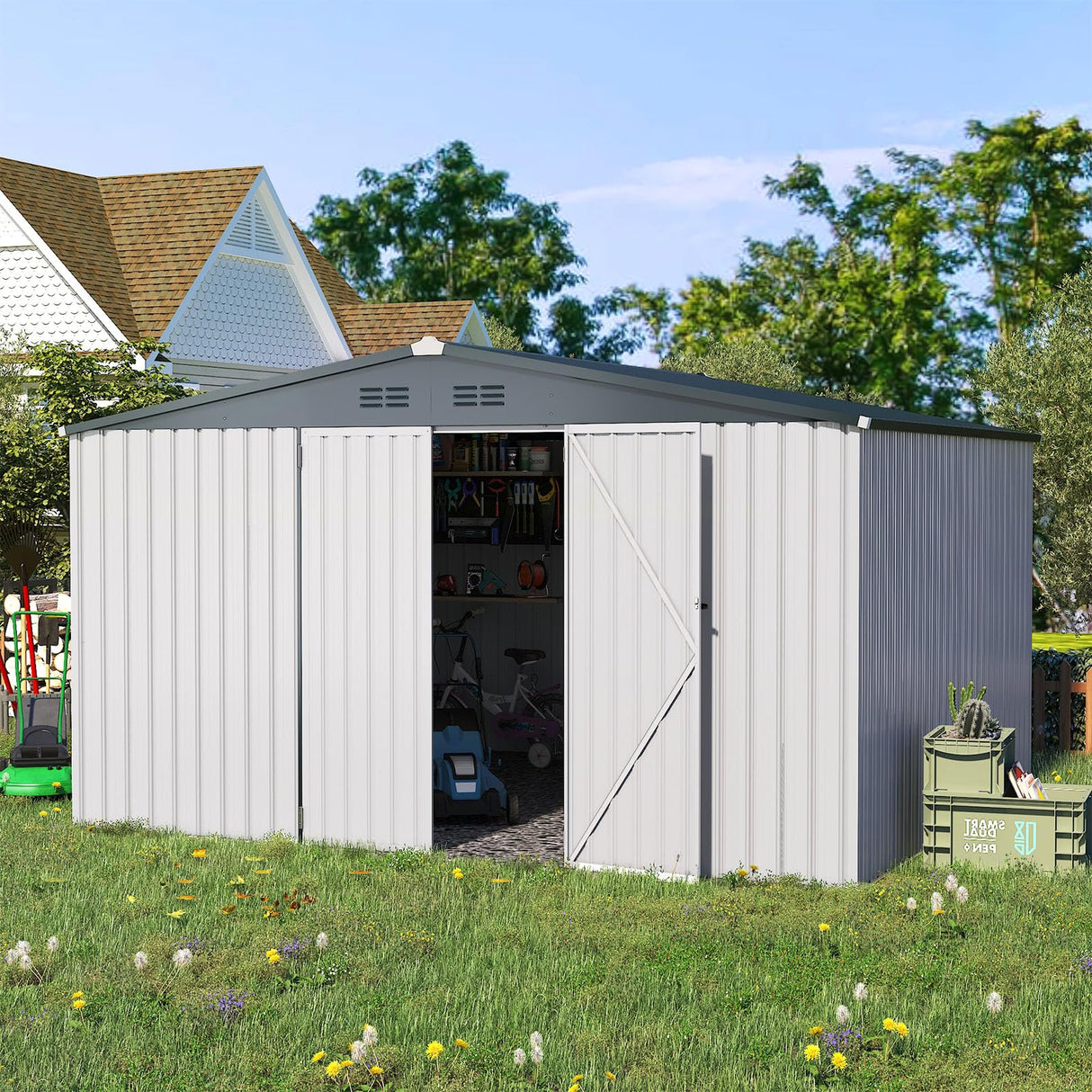 AECOJOY Shed 12' x 10' Storage Shed Large, Sheds & Outdoor Storage Clearance 10x12 Sheds with Lockable Doors, Utility and Tool Storage Shed for Garden, Backyard, Patio, Outside use in White AECOJOY