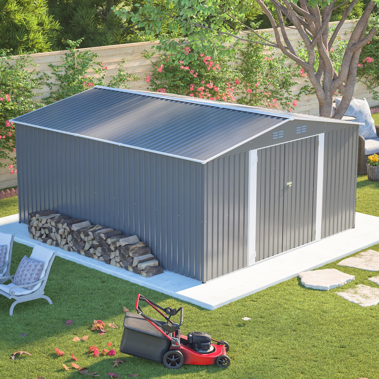 YOPTO 12x14FT Outdoor Storage Shed Metal Shed W/Floor Frame,Garden Tool House W/ 4 Air Vents,Lockable Double Doors & Sloped Roof,for Patio,Lawn,Backyard,Light Gray YOPTO