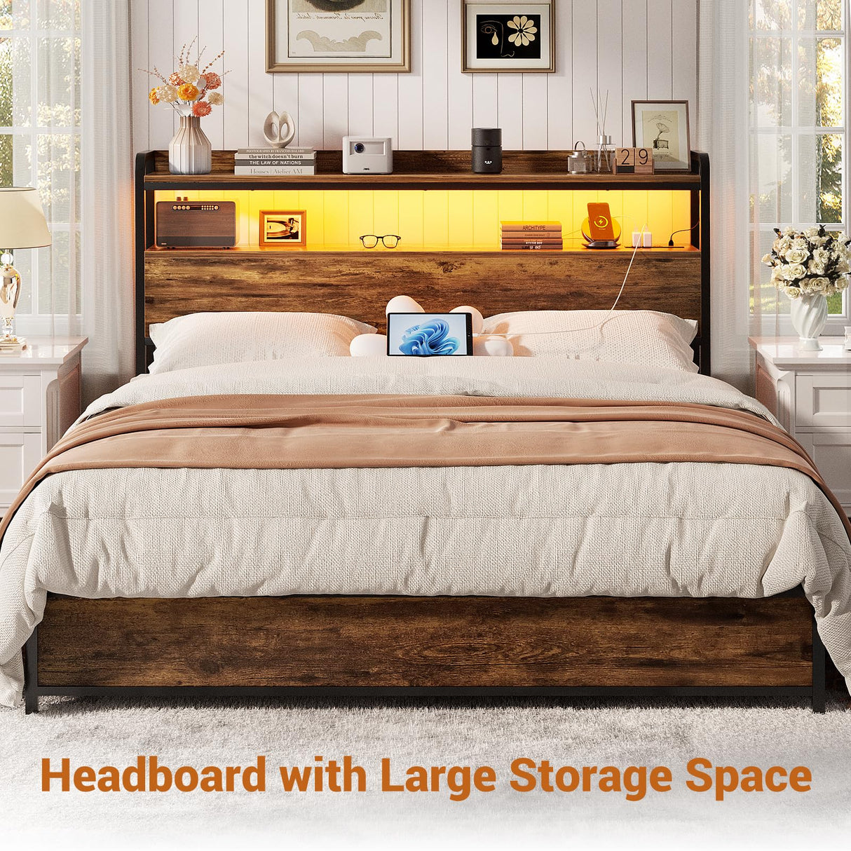 Aheaplus Headboard for Full Size Bed Frame, Headboards with Outlets, USB Ports and LED Light, Head Board with Storage, Height Adjustable, Sturdy and Stable Headboard, Full Size, Rustic Brown Aheaplus