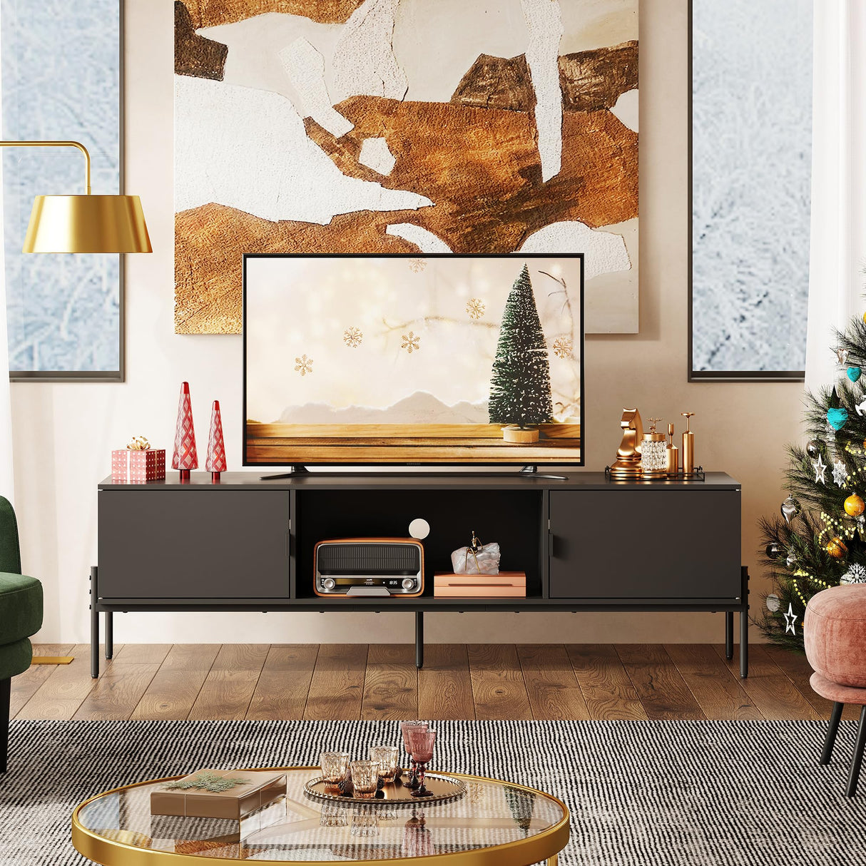 WLIVE Modern TV Stand for 65 Inch TV, Mid Century Entainment Center with Storage, TV Console with Open Shelf and 2 Cabinets for Bedroom and Living Room, TV Cabinet with Metal Legs, Black WLIVE