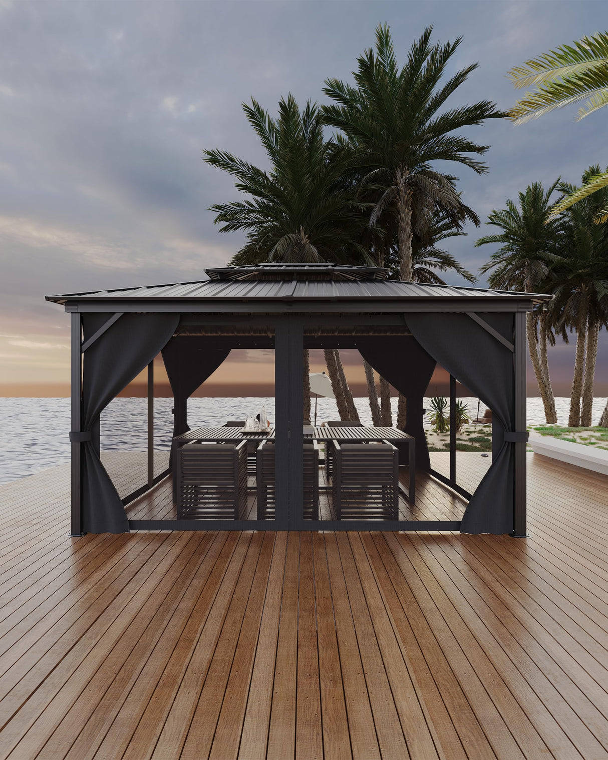 KYBOLT 10x14 Ft Hardtop Gazebos with Heavy Duty Double Roof, Nettings and Curtains Galvanized Steel Outdoor Gazebos for Patio, Backyard, Deck, Lawn (Grey) KYBOLT