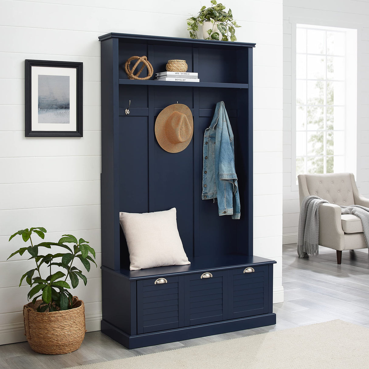 Crosley Furniture Ellison Hall Tree with Storage Bench and Coat Rack Hooks for Hanging, Navy Crosley Furniture
