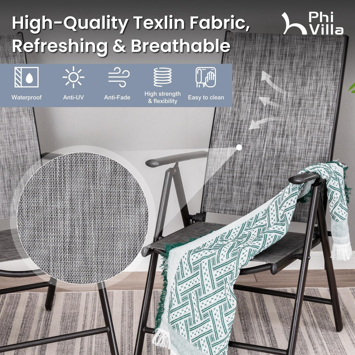 PHI VILLA 9 Piece Outdoor Dining Set, All Weather Furniture Patio Table and Chairs for 8 with Adjustable Lightweight Patio Folding Dining Chairs (Grey) & Extendable Metal Table for Garden, Yard PHI VILLA