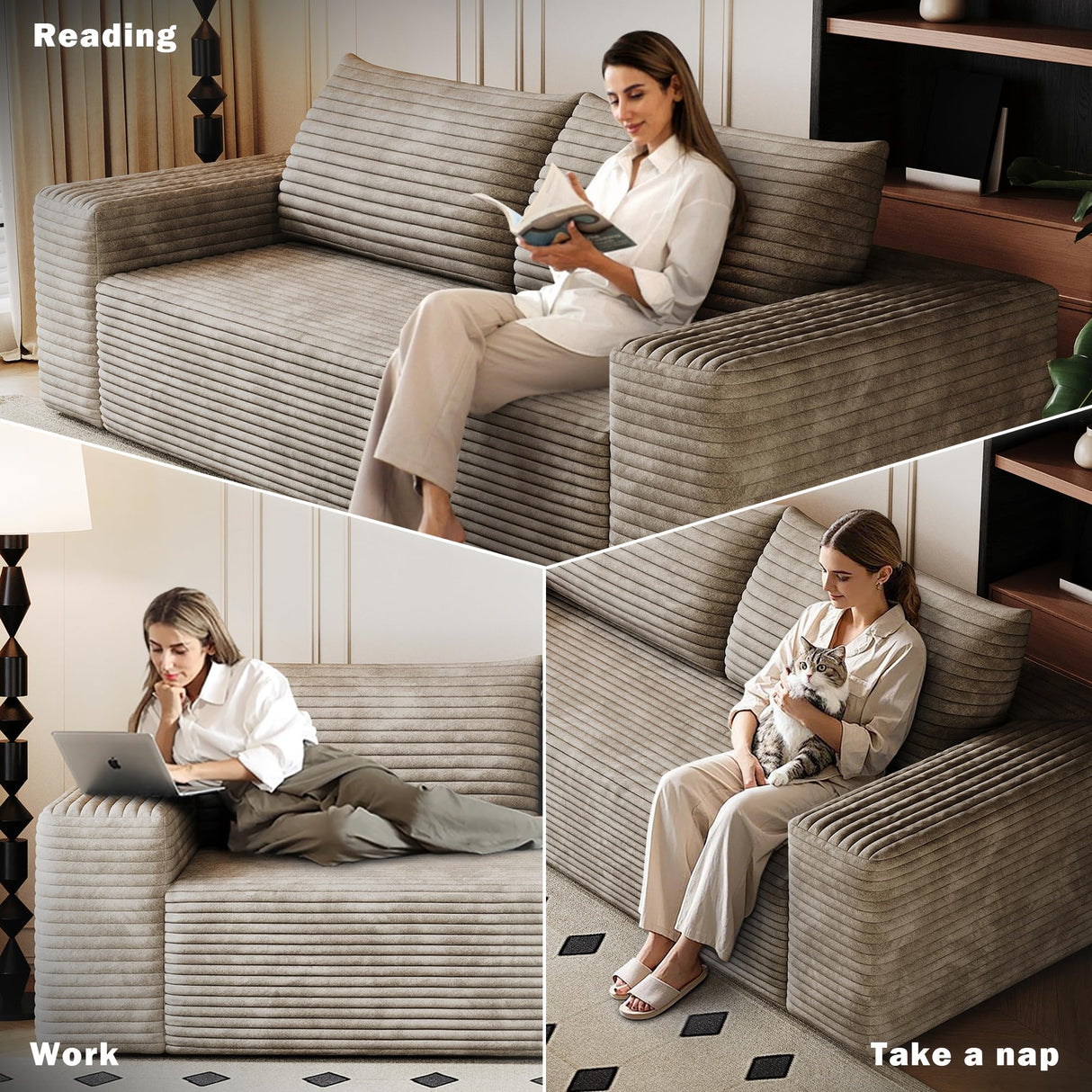 CKEASEAN 71" Corduroy Boneless Couch, 2-Seater Compression Sofa with 2 Throw Pillows, No Assembly Required, Comfy Loveseat Sofa in a Box, Deep Seat, Modern Couches for Living Room (Camel, 71 inch) CKEASEAN