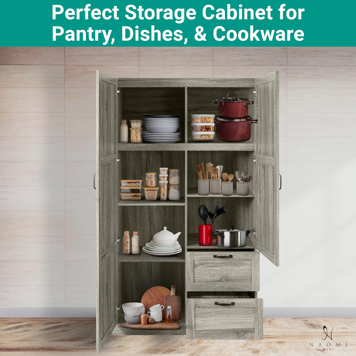 Naomi Home Grey Oak Storage Cabinet with 2 Barn Doors, 2 Drawers & Adjustable Shelves – Modern Wardrobe Closet Armoire for Bedroom, Entryway & Utility Room Naomi Home
