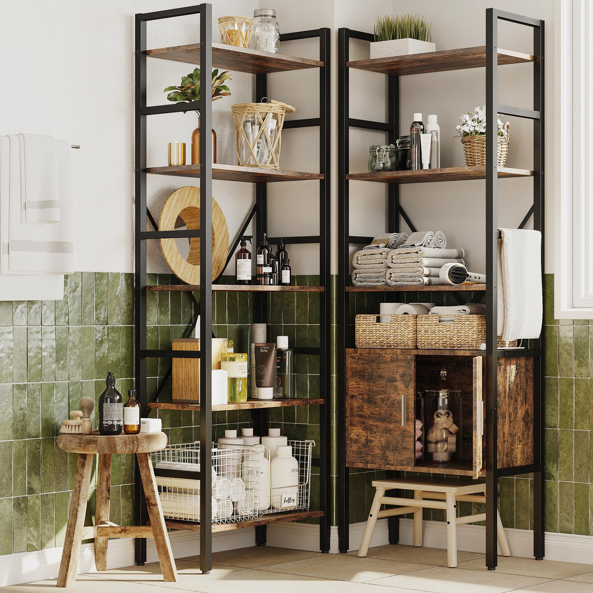 70 x70" Triple 5 Tier Book Shelf, Industrial Large Bookcase with Storage Cabinet, Tall Bookshelf with 14 Open Display Shelves Metal Frame Furniture for Living Room Bedroom Home Office Rustic Brown astimey