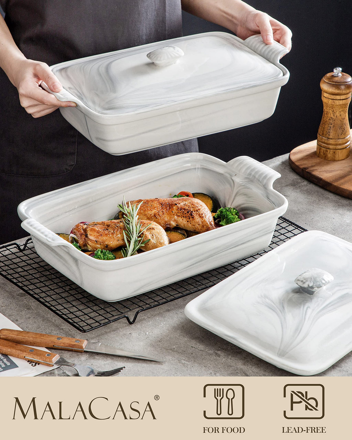 MALACASA Large Casserole Dish with Lid, 4.4 Quart Ceramic Baking Dish for Oven, 13 x 9 Lasagna Pan Deep with Lid, Microwave, Dishwasher Safe, Series BAKE-GREY MALACASA