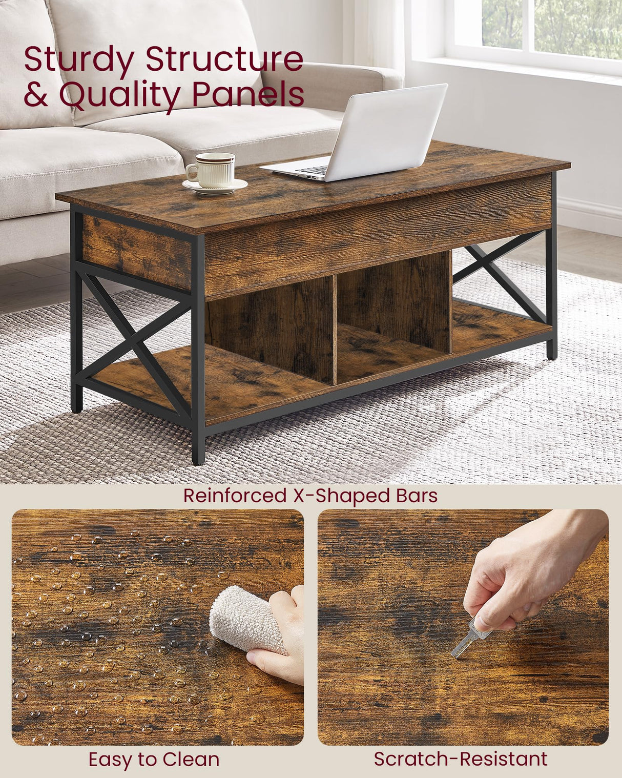 VASAGLE Lift Top Coffee Table, Lift Coffee Table with Storage Shelf, Hidden Compartments and Lifting Top, for Living Room, Office, 19.7 x 47.2 x (19.3-24.4) Inches, Rustic Brown and Black ULCT212B01 VASAGLE