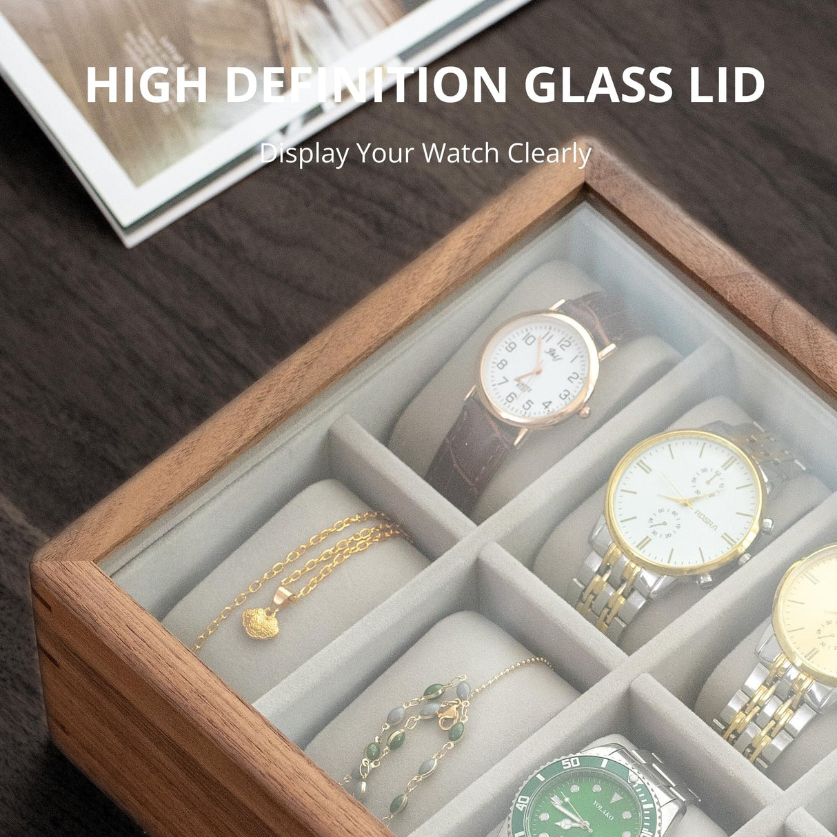 muso wood Watch Display Box, 10 Slot Watch Case for Men, Watch Organizer Box with Glass Lid, Watch Case with Removable Velvet Pillow, Father's Day Gift - 10 Slot, Walnut muso wood