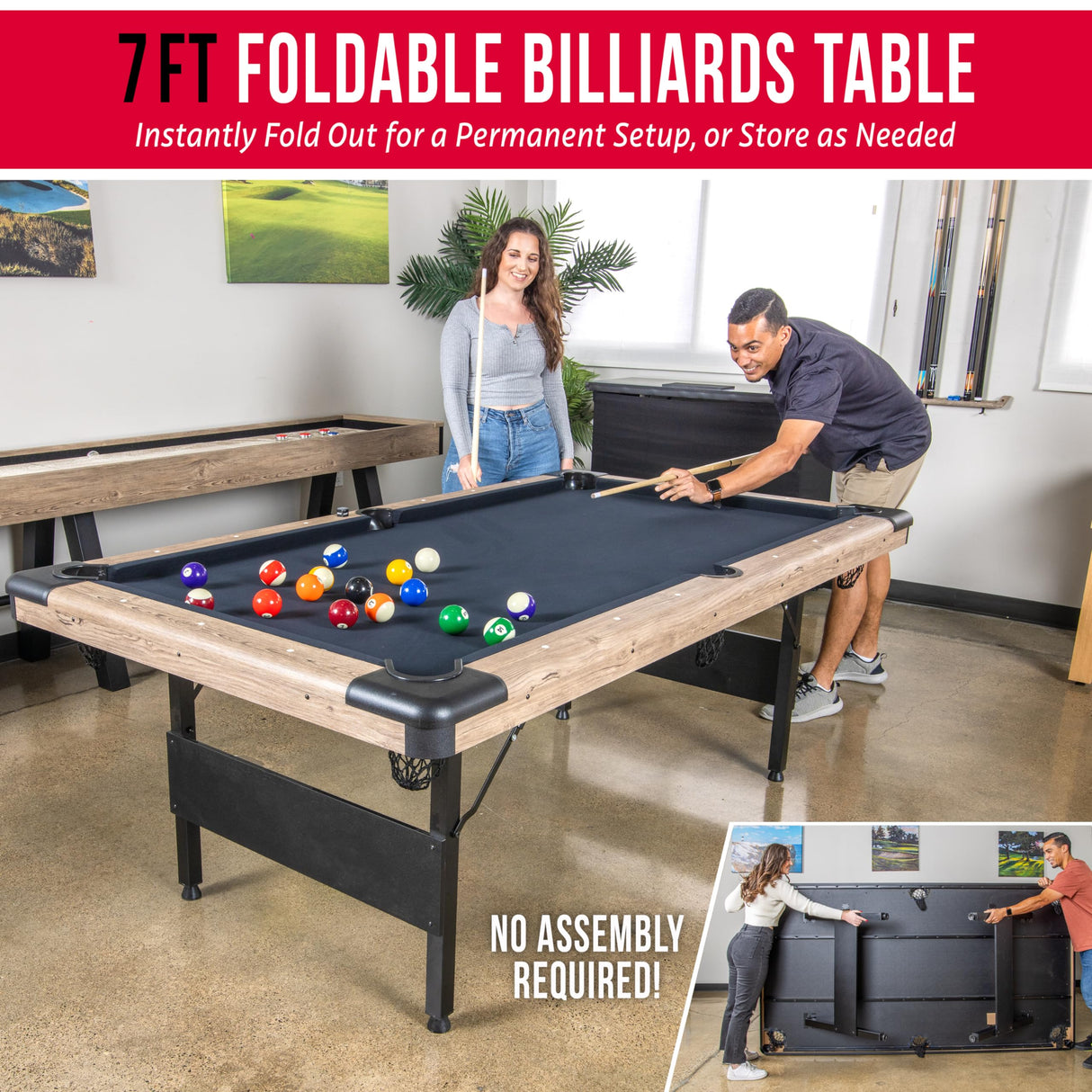 GoSports 7 ft Portable Pool Table - No Assembly Required Folding Billiard Table in Oak GoSports