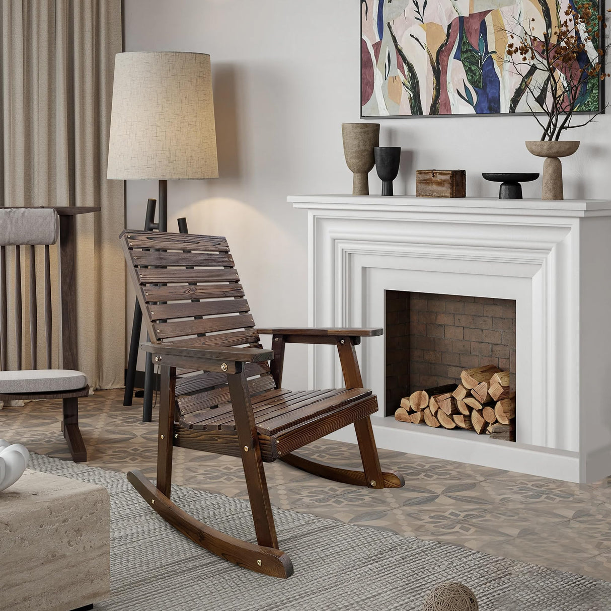 Mega Casa Wooden Rocking Chair with High Backrest and Contoured Seat, Solid Fir Wood, Heavy Duty 600 LBS, for Both Outdoor and Indoor, Backyard, Porch and Patio (Coffee) Mega Casa