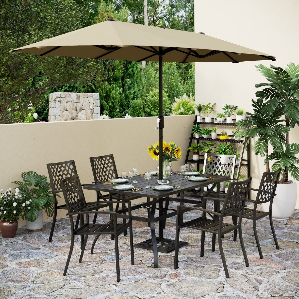 PHI VILLA 8 Piece Patio Dining Set with 13ft Double-Sided Patio Umbrella(Beige),Metal Outdoor Table Furniture Set with 6 Outdoor Stackable Chairs, 1 Rectangle Dining Table and 1 Large Beige Umbrella PHI VILLA