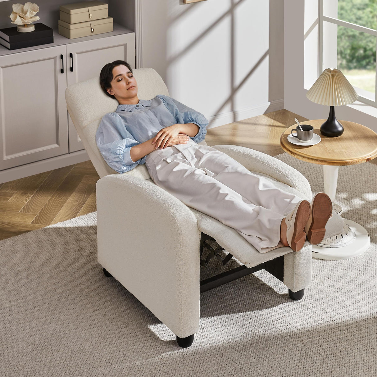 Topeakmart Fabric Recliner Sofa Push Back Recliner Chair Adjustable Modern Single Reclining Chair Upholstered Sofa with Pocket Spring Living Room Bedroom Home Theater Ivory Topeakmart