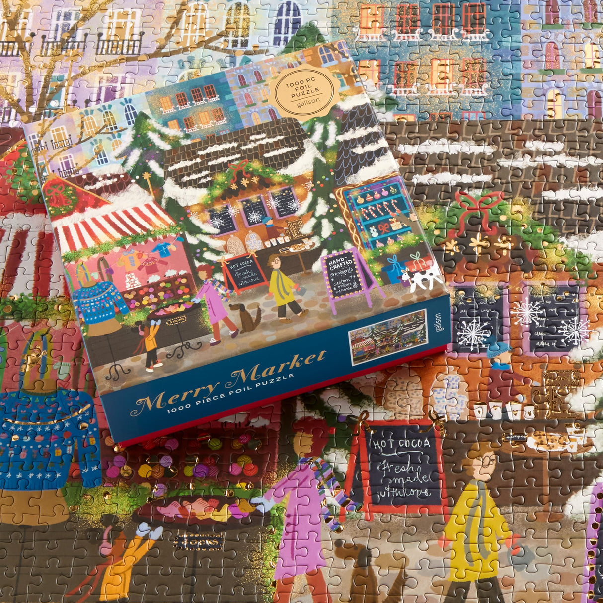 Galison Merry Market – 1000 Piece Foil Joy Laforme Jigsaw Puzzle Featuring Merry and Festive Outdoor Market for The Holidays with Gold Foil Accents Galison