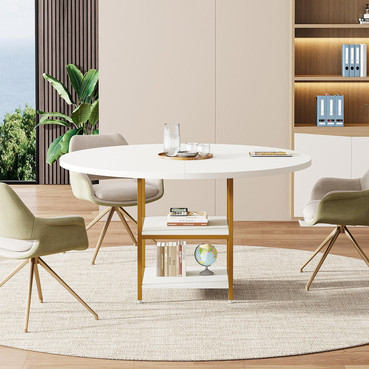 Tribesigns 47-Inch Round Conference Table for 4-6 People, Wood Meeting Room Table with Storage Shelf and Metal Legs, Modern Office Training Desk for Conference Room Seminar Room (White Gold) Tribesigns