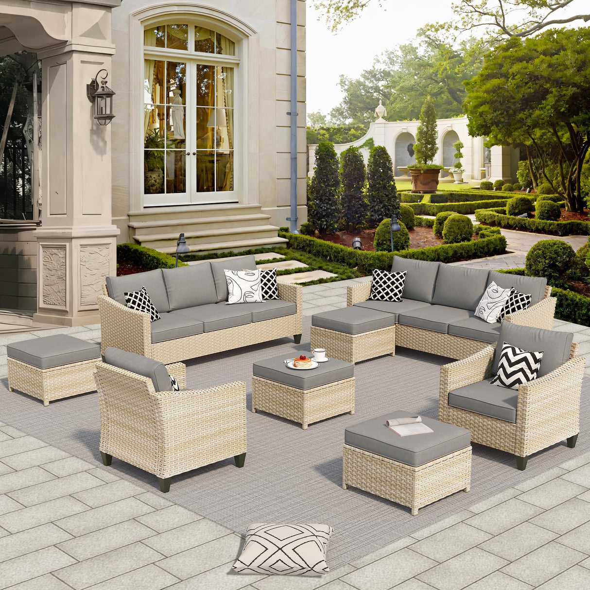 ovios 8-Piece Wicker Patio Furniture Set with Ottoman, Conversation Set with Water Resistant Thick Cushions, Outdoor Sectional Sofa for Outside Patio Balcony (Grey) ovios