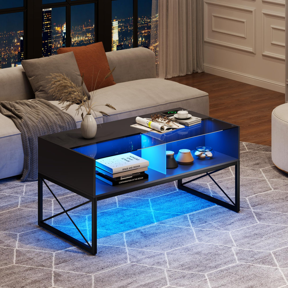 Glass Coffee Table with Storage, Grey Mid Century Modern Coffee Table for Living Room, Smart Led Light Wood Coffee Table HWB