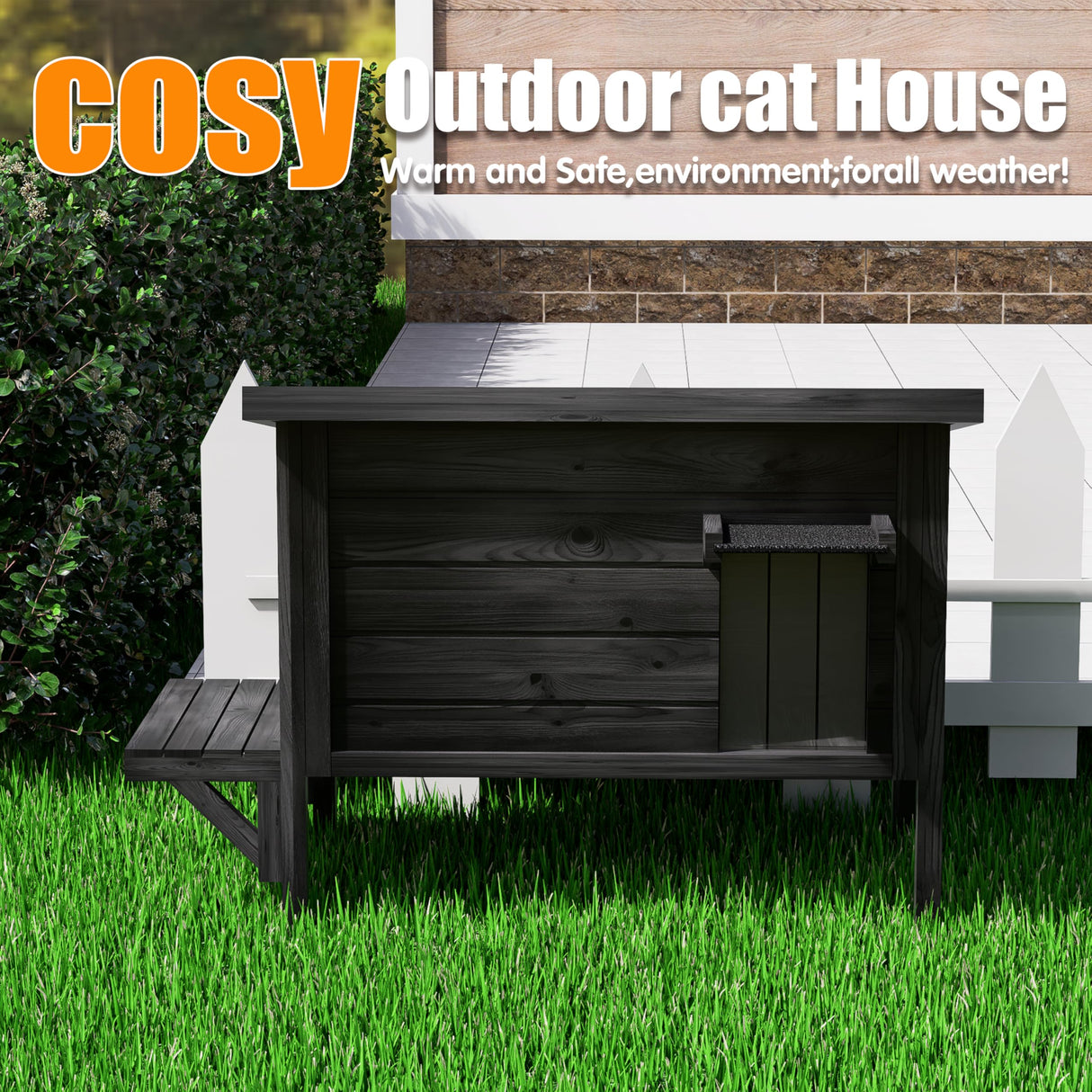 Black Outdoor Cat House Weatherproof Feral Cat Enclosure with Ice Pad for Summer, 100% Insulated All-Round Foam, Wood Large Feral Cat House for Multiple Cats 34.25" L*21.65" W*24.78" H CHXJF
