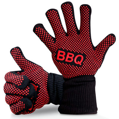 NutriChef BBQ Gloves - 1472°F Heat Resistant, Fireproof Mitts with Non-Slip Silicone Grip, Perfect for Barbecue, Grilling, Cooking, Baking & Camping, 14-inch, Food Grade, Washable Kitchen Oven Mitts