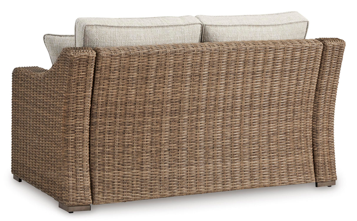 Signature Design by Ashley Beachcroft Casual Weather Resistant Resin Wicker Outdoor Loveseat with Cushion and 2 Accent Pillows, Dark Brown & Beige Signature Design by Ashley
