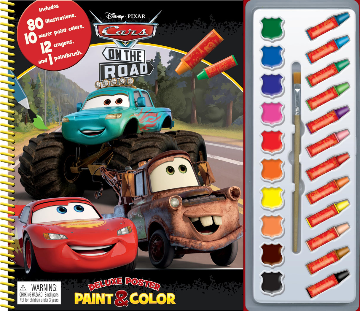Disney/Pixar Cars on the Road Deluxe Poster Paint & Color - Coloring Book for kids, 80 illustrations, 10 watercolor paints, 12 crayons, 1 paint brush (Deluxe Poster and Paint) Phidal