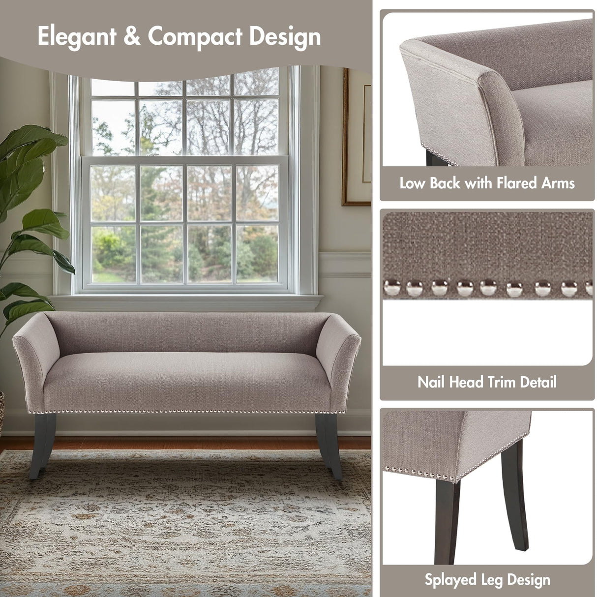 Madison Park Accent Bench, Upholstered with Nailhead Trim, & Padded Seat Entryway Bench Small, End of Bed Bench with Back, 49.5" W x 19.25" D x 23" H, Grey Madison Park