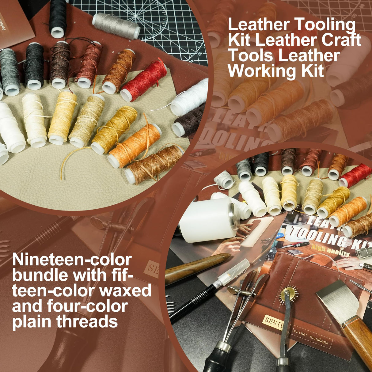 FIOQE 588Pcs Leather Craft Kit with 52 Stamps, 15 Wax Threads, Cutting Mat, 100+ Tools - DIY Leatherworking Set for Bag, Belt, Jacket - Engraving, Punching, Sewing, Stamping Tools for Beginners & Pros Fioqe