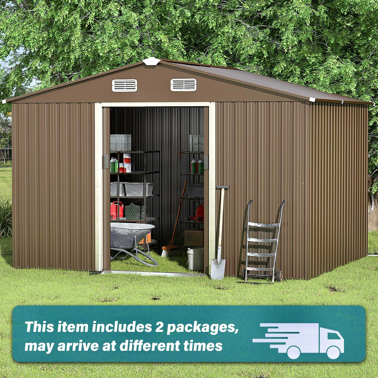 Gotland 10FT x 8FT Metal Storage Shed, Outdoor Storage Shed with Lockable Slide Doors & 2 Windows, Utility and Tool Shed with Slooping Roof for Garden, Backyard, Patio, Lawn Gotland