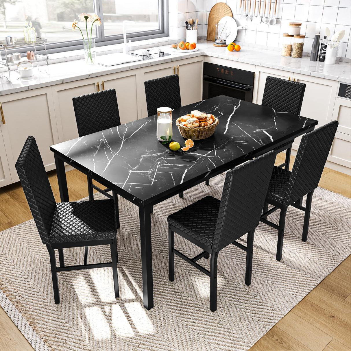 Recaceik Dining Table Set for 6, Faux Marble 7 Piece Dining Table Set with Chairs, Kitchen Table Set with PU Leather Dining Chairs for Small Space & Breakfast Nook, Black Recaceik