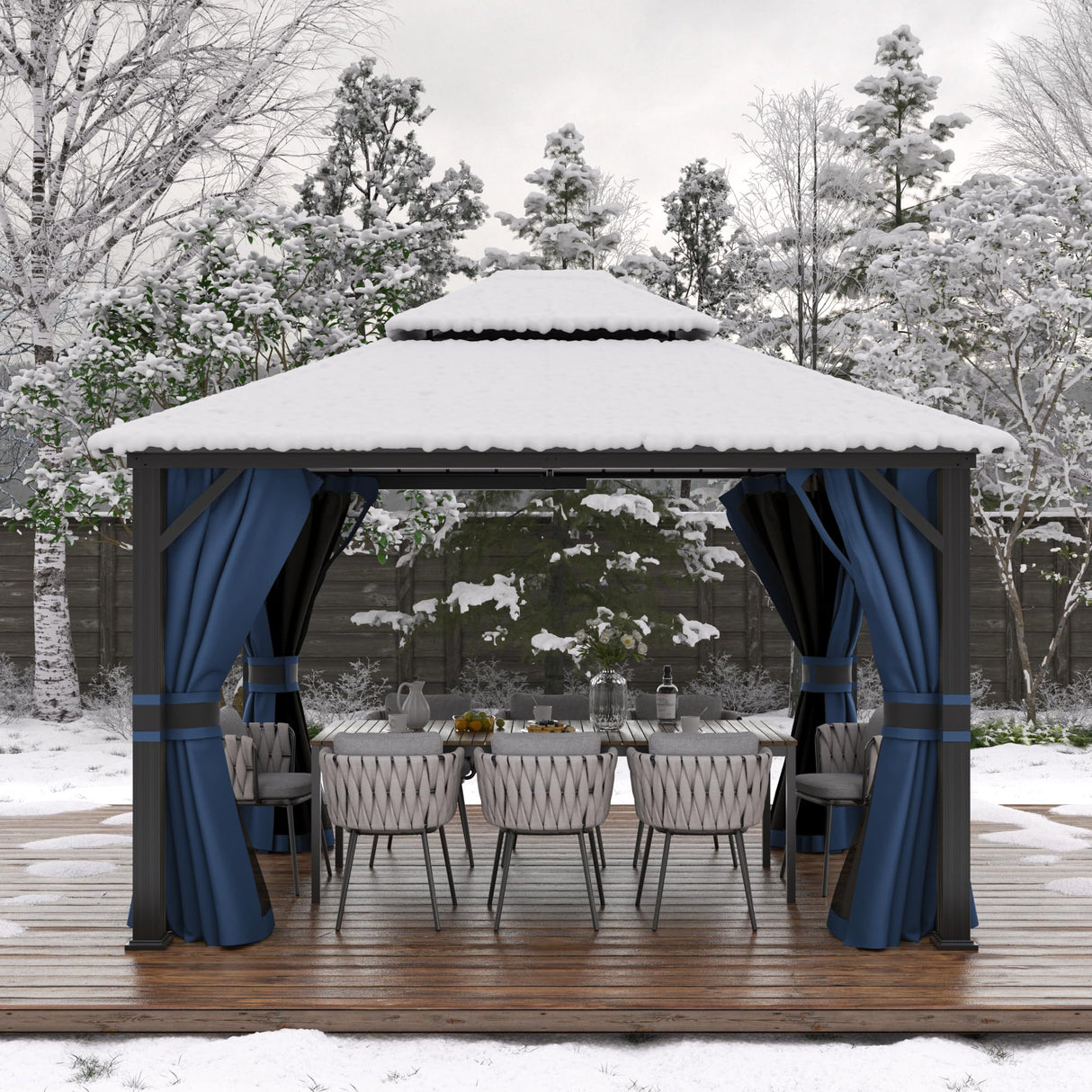 Amopatio 10' X 12' Hardtop Gazebo, Permanent Aluminum Gazebo with Galvanized Steel Double Roof, Outdoor Metal Gazebos with Curtain and Netting for Patio, Deck and Backyard, Blue Amopatio