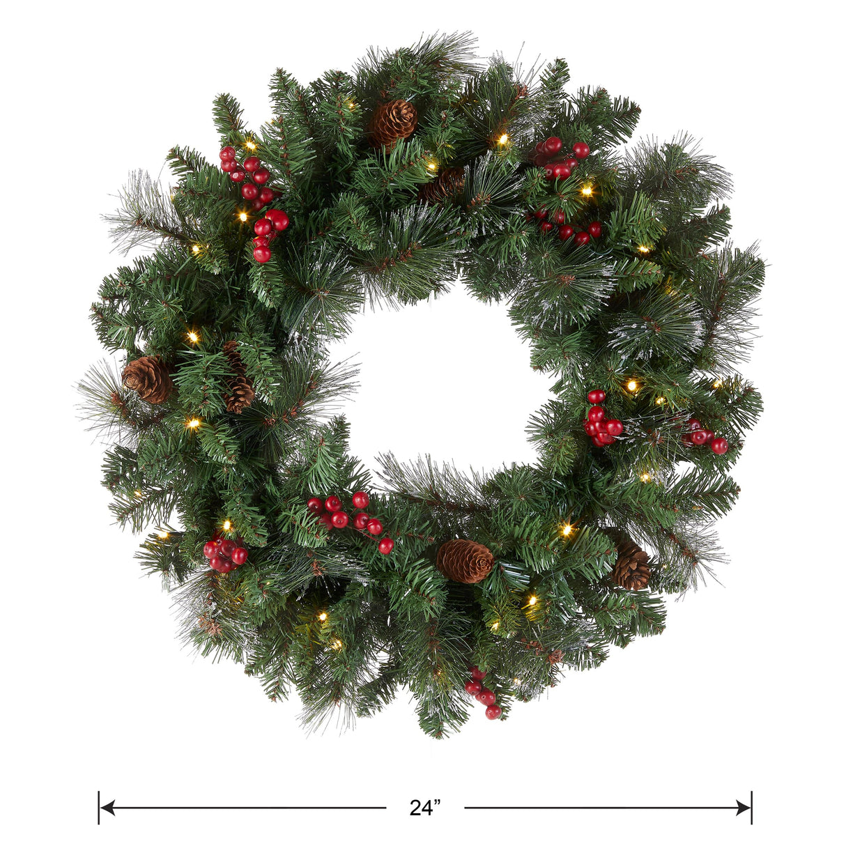 National Tree Company Pre-Lit Artificial Christmas Wreath, Green, Crestwood Spruce, White Lights, Decorated with Pine Cones, Berry Clusters, Frosted Branches, Christmas Collection, 24 Inches National Tree Company