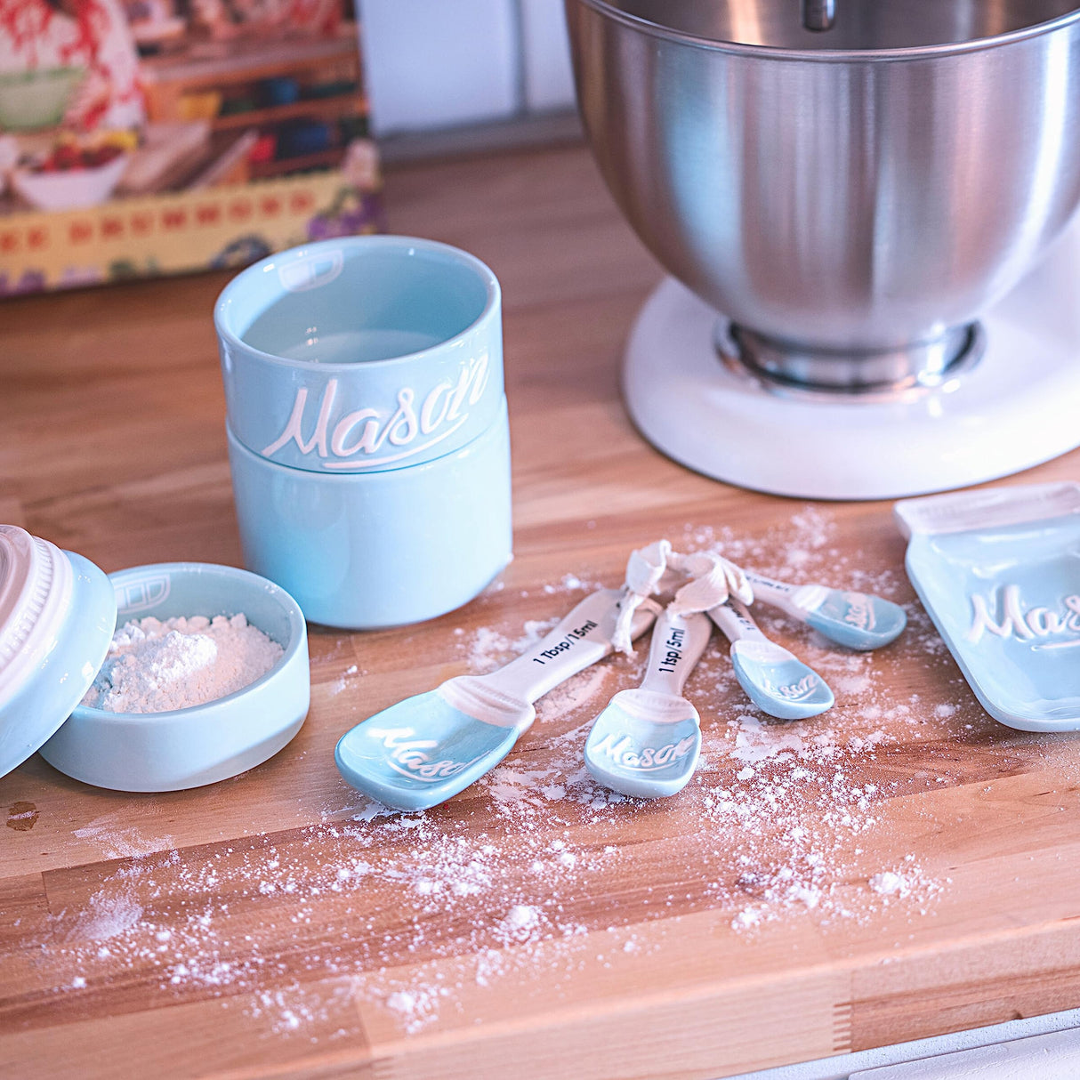 Farmhouse Canisters Sets for the Kitchen - Mason Jar Ceramic Kitchen Utensil Holder, Spoon Rest, Cute Cookie Jar, Salt & Pepper Shaker Sets, Sponge Holder, Measuring Cups & Spoons (Blue, 17-Pc Bundle) Goodscious