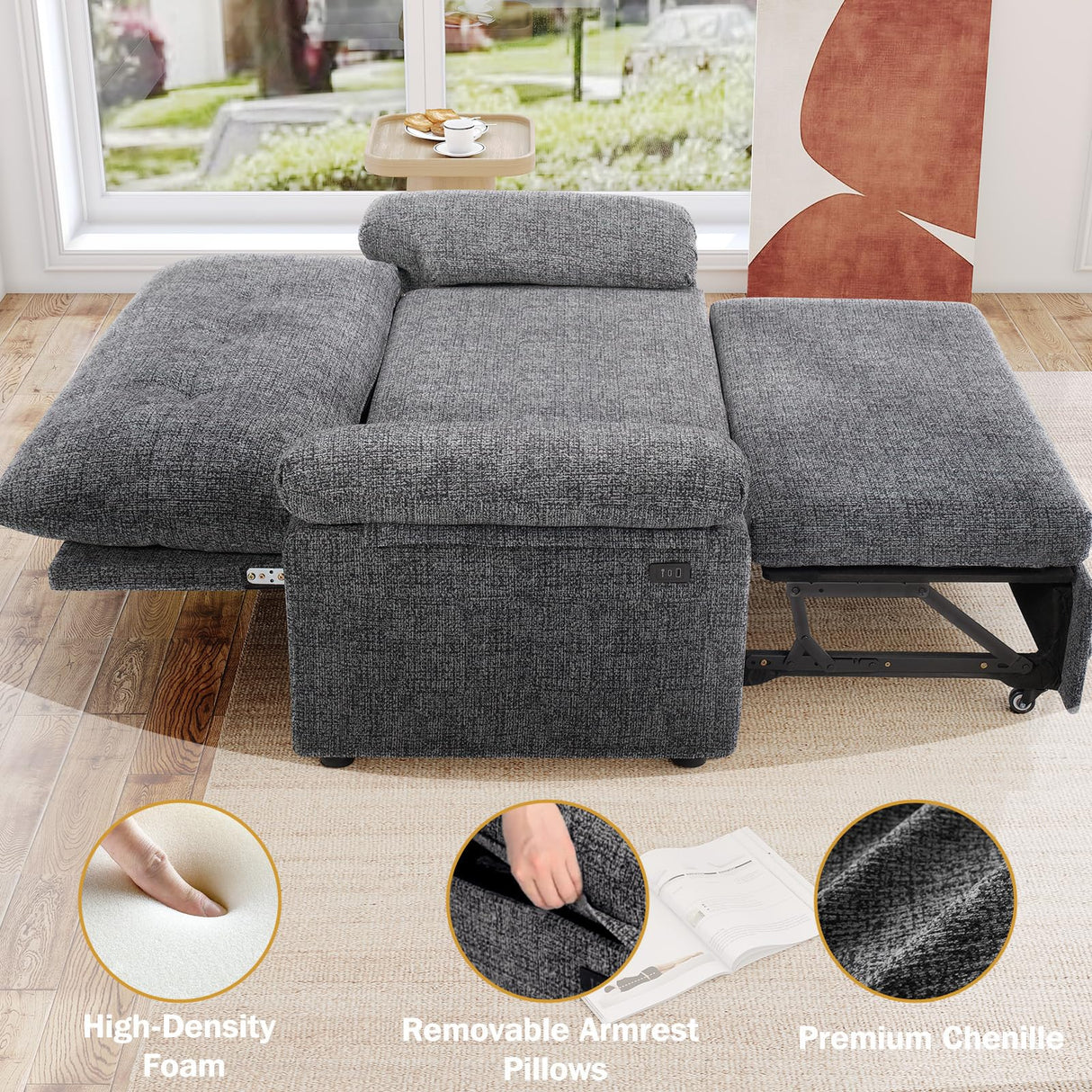 Vipbear 3 in 1 Sleeper Sofa Bed, Pull Out Couch with Reclining Backrest, Convertible Loveseat with USB Ports, Tool-Free Assembly, Modern Chenille Loveseat for Living Room, Apartment, Dark Grey Vipbear