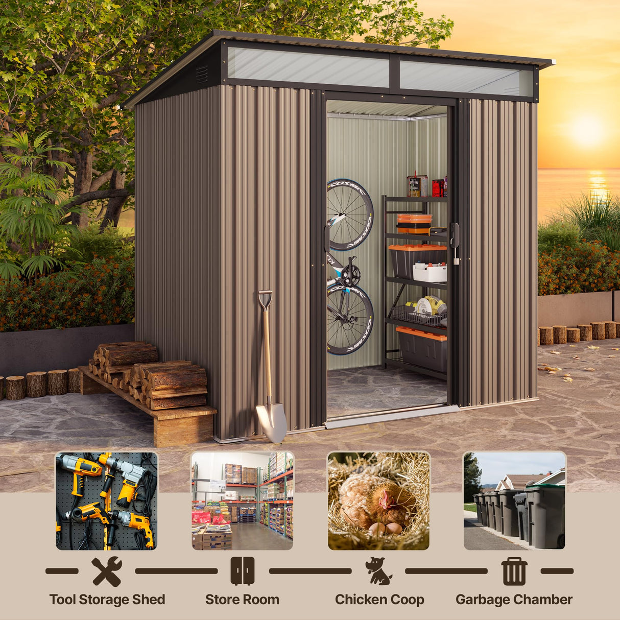 Gizoon 6'x4' Outdoor Storage Shed Metal Garden Shed with Sliding Lockable Doors, Versatile Tool Bike Shed with Transparent Panel Windows, Outdoor Storage Clearance for Backyard, Patio, Light Brown Gizoon