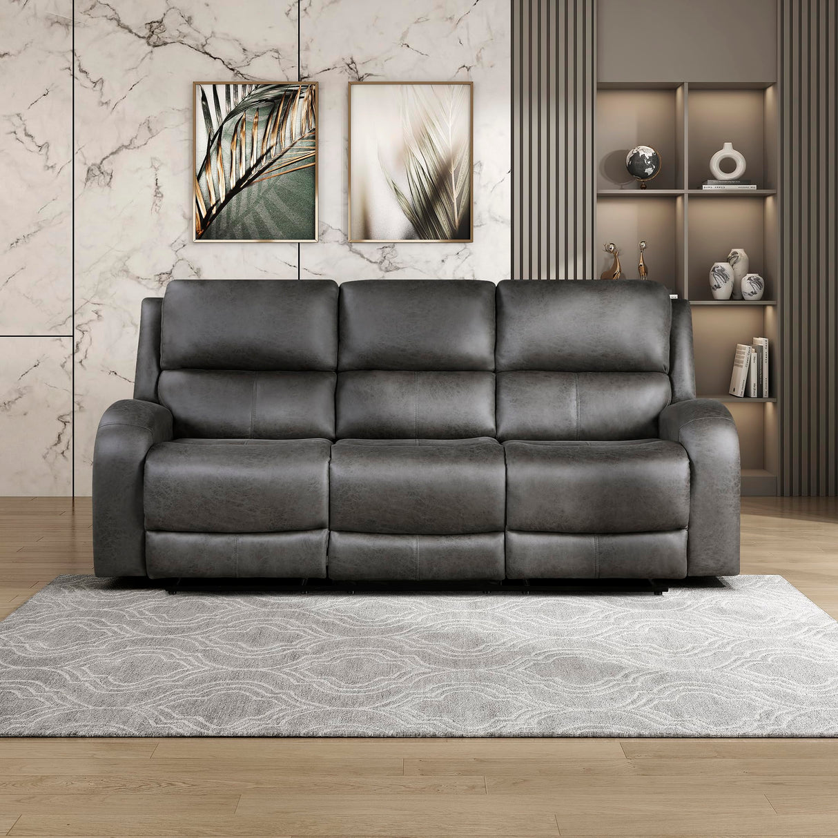 Lexicon Manual Double Reclining Sofa, Polished Microfiber Manual Wall Hugger Sofa Recliner for Living Room, Home Theater Seating, Track Arm, Stitching Cushion, Padded Foam Seat Cushion, Gray Lexicon