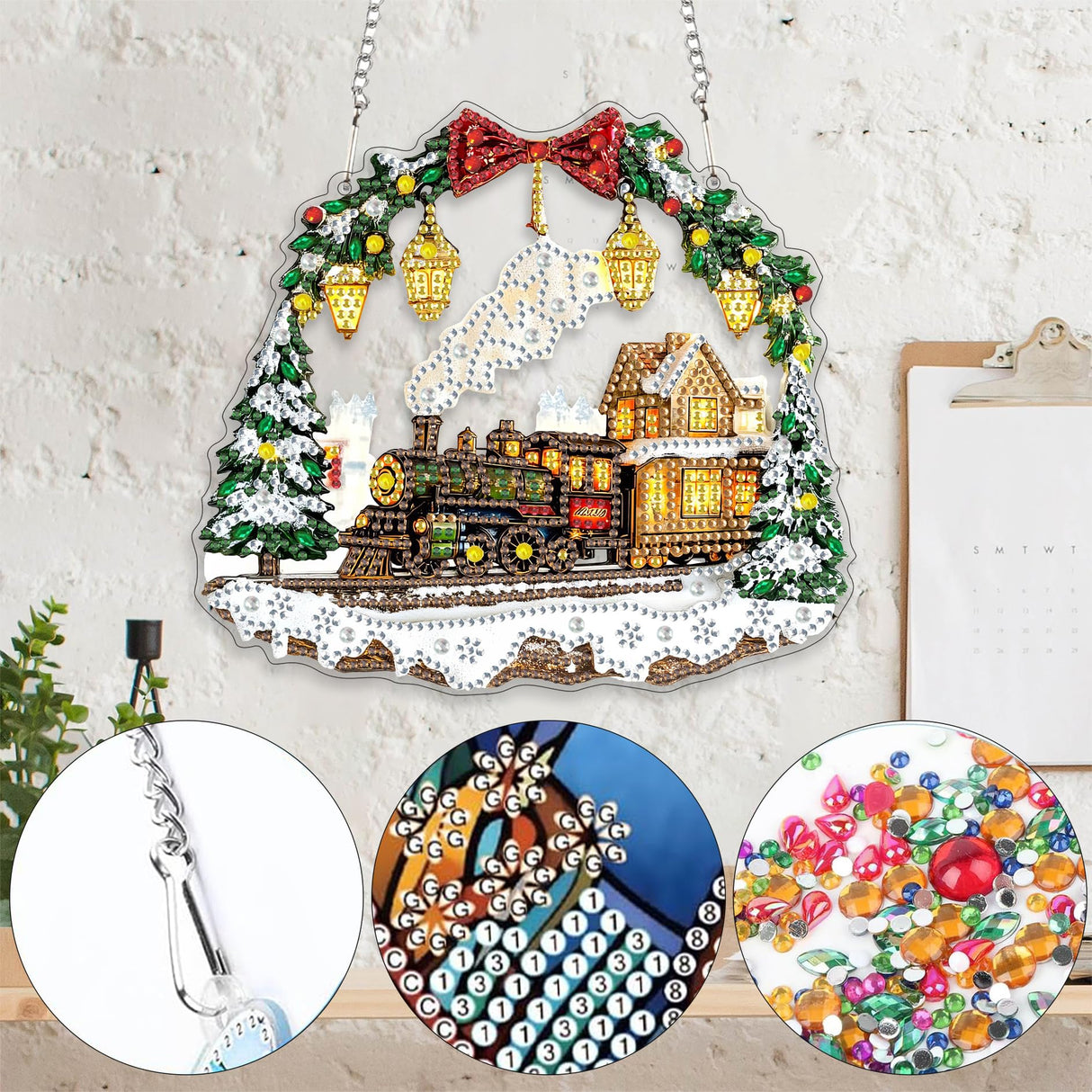 Yomiie Train House Sun Catcher Window Hanging - DIY Double Sided Diamond Painting Pendant Kit, Acrylic Diamonds Art Ornament for Front Door Sign & Indoor/Outdoor Garden Christmas Decor(8x8 inch) Yomiie