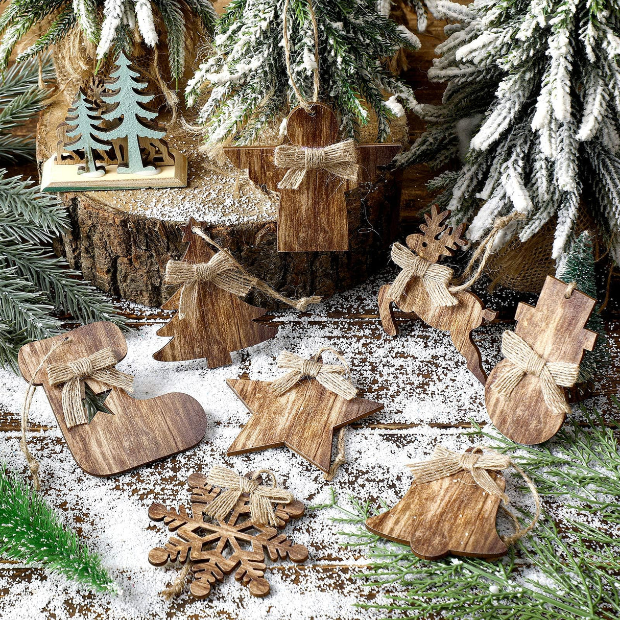 Lineshading 8 Pcs Rustic Christmas Tree Ornaments Xmas Angles Snowflake Wood Ornaments Angel Snowman Farmhouse Wood Decorations Christmas Tree Hanging Ornaments for Home Winter Party Lineshading