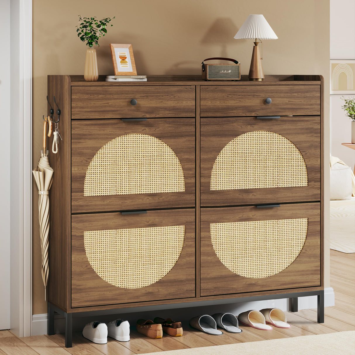 HUAHUU Rattan Shoe Cabinet with 4 Flip Drawers, Storage Cabinets with Adjustable Shelves, Narrow Shoe Cabinet with Metal Legs & Handles for Entryway, Hallway, Organizer, Rustic Oak Rattan HUAHUU