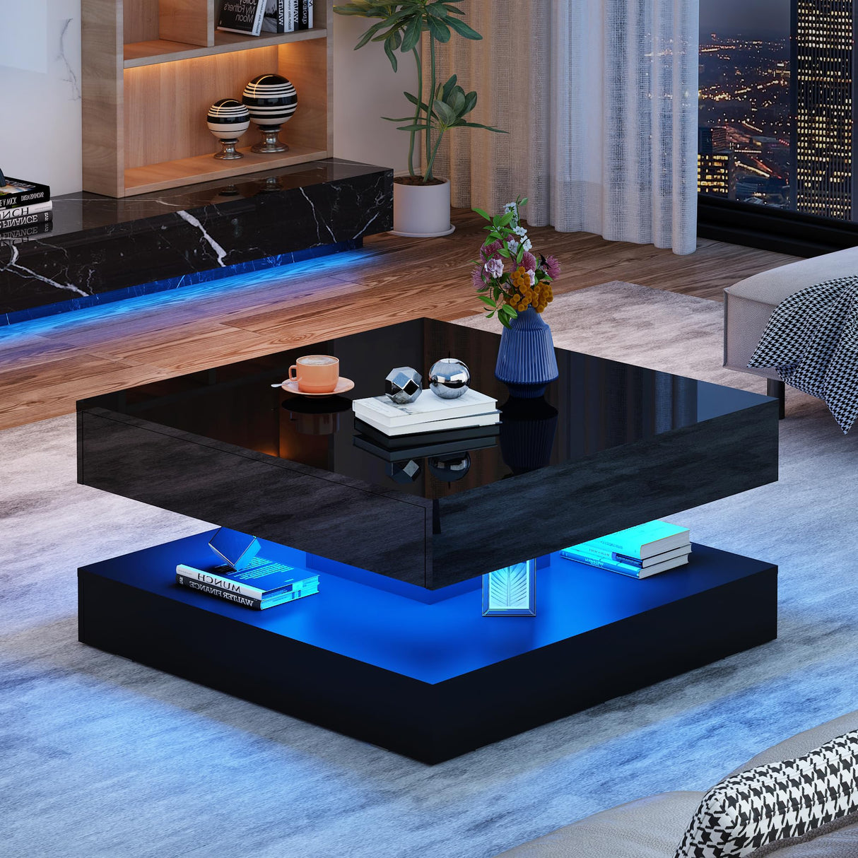 jiteentarou 33.9" LED Coffee Table with Storage, Modern High Glossy Living Room Table w/2 Drawers,Double-Layer Design Large Square Center Table for Living Room, Home, Office, Black jiteentarou