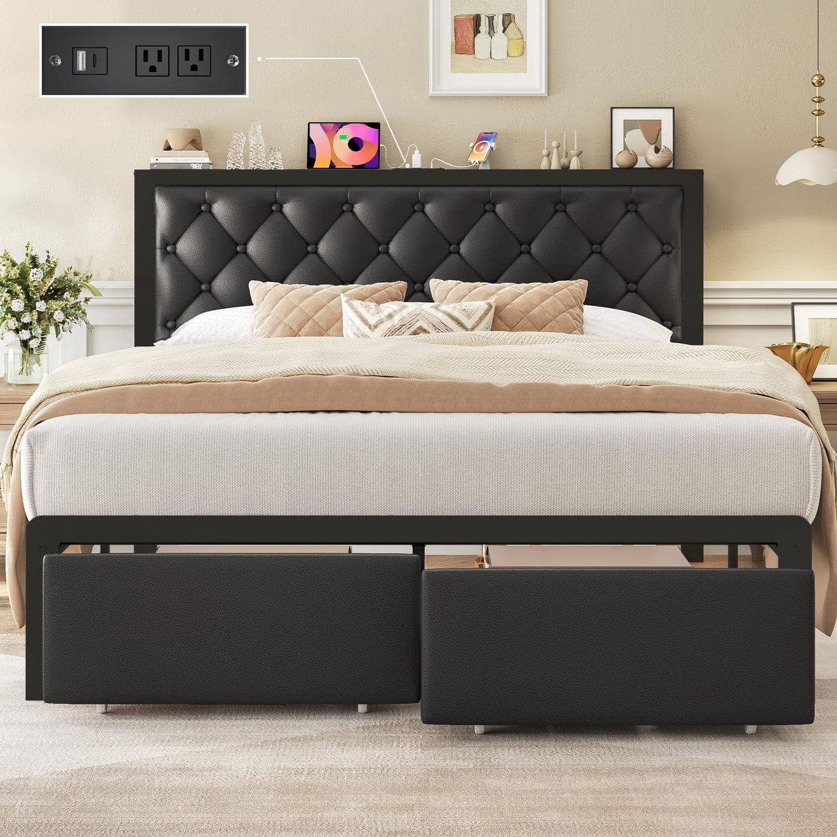 Fluest Queen Bed Frame with 2 Storage Drawers, Upholstered Headboard Button Tufted Bed Frame with Charging Station, No Box Spring Needed, Noise-Free, All Metal Structure, Black Fluest