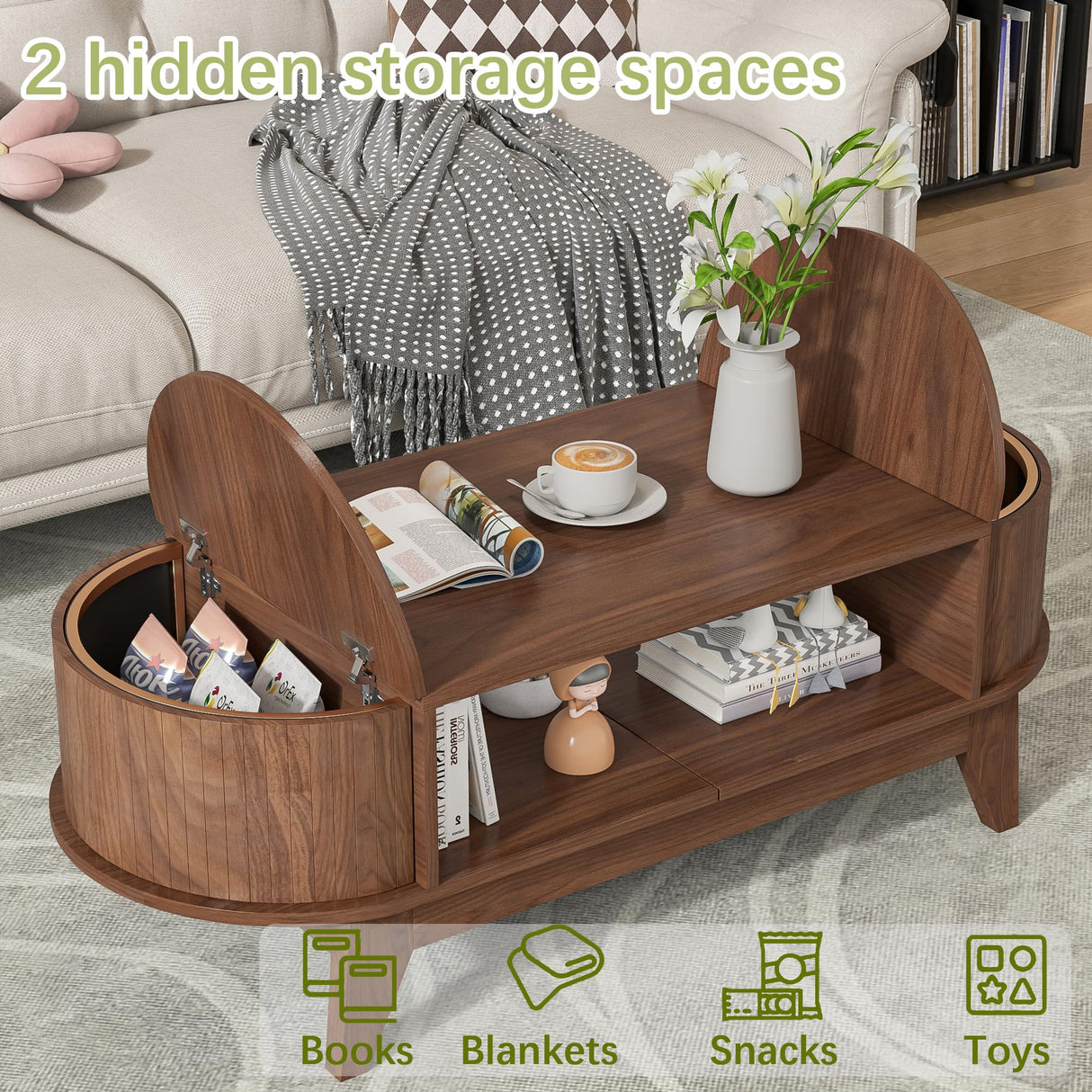 Coffee Table with Storage,Mid Century Modern Coffee Tables with 2 Flip-Top Hidden Lids,Fluted Coffee Table,Wood Center Tables for Living Room Home Office (Walnut Color) Mxtxmy