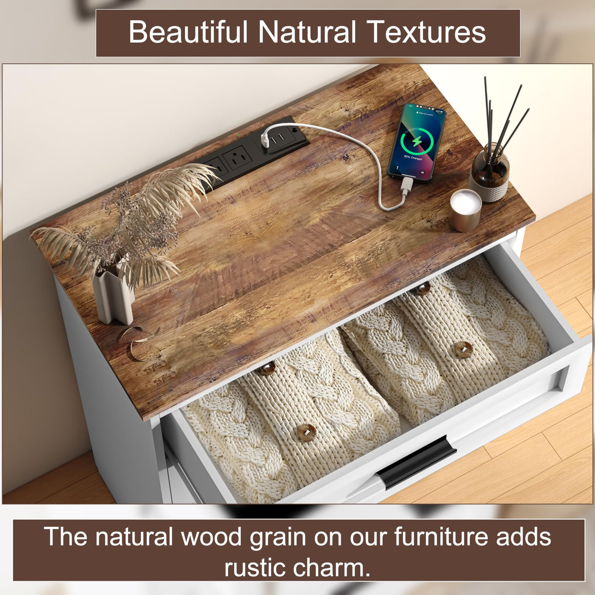 GEPELCN Farmhouse 4 Drawers Dresser for Bedroom Rustic Chest of Drawers with Natural Texture White Drawers Organizer for Living Room Hallway GEPELCN