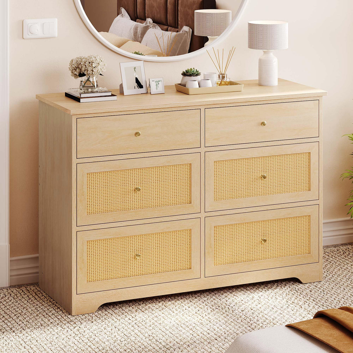 YITAHOME Rattan Dressers & Chests of Drawers, 6 Drawer Modern Closet Dresser, Wood Color YITAHOME